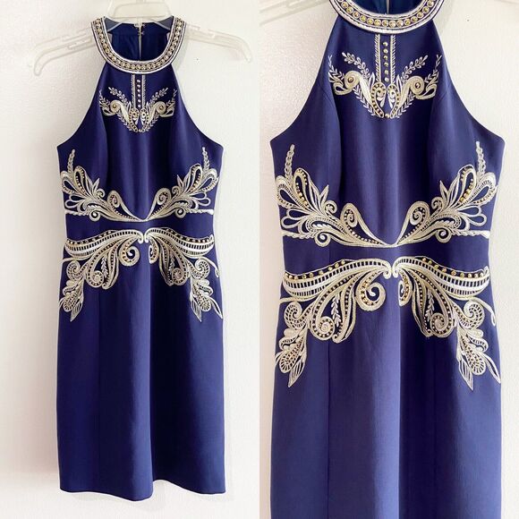 Lilly Pulitzer Benita Shift Navy Gold Embroidered Beaded Cocktail Dress Size 0 - Picture 2 of 16